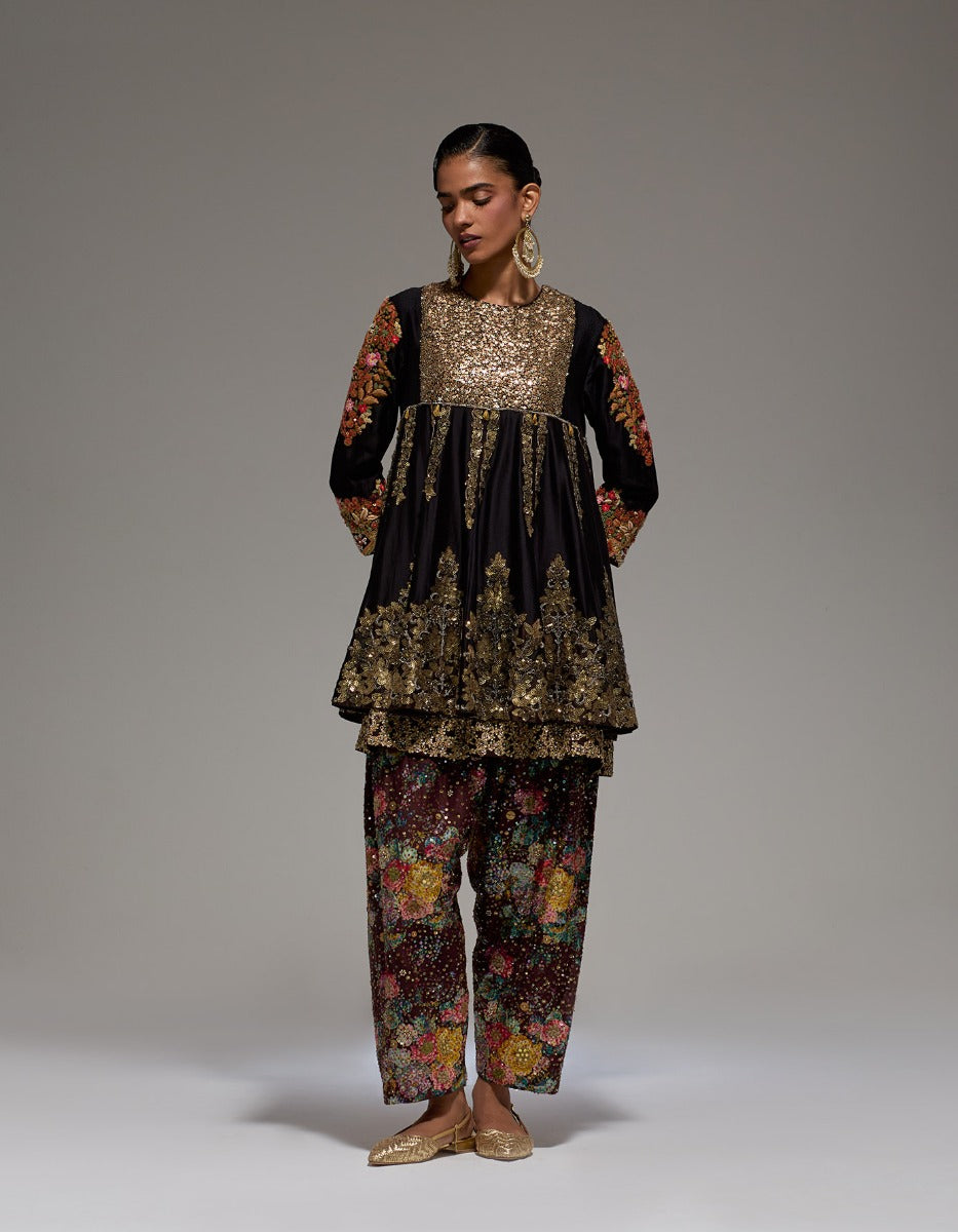 Black Short Kurta With Printed Shimmer Dhoti Pants