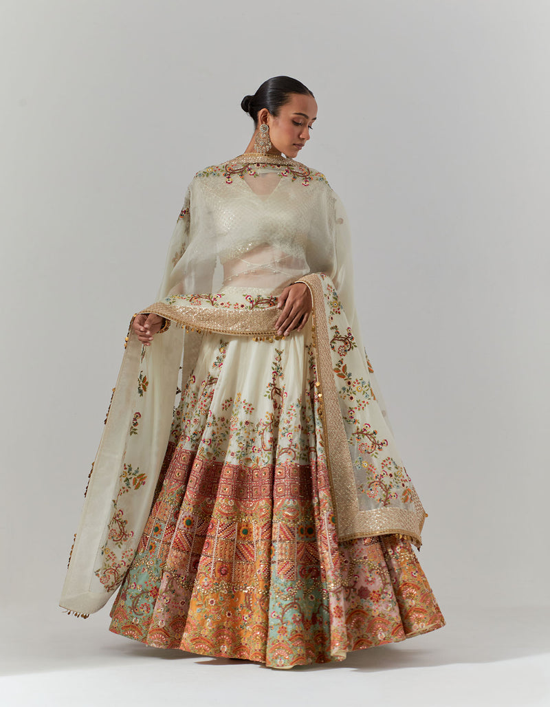 Ivory Scallop Boho Lehenga With Blouse And Dupatta Set