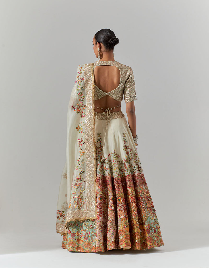 Ivory Scallop Boho Lehenga With Blouse And Dupatta Set