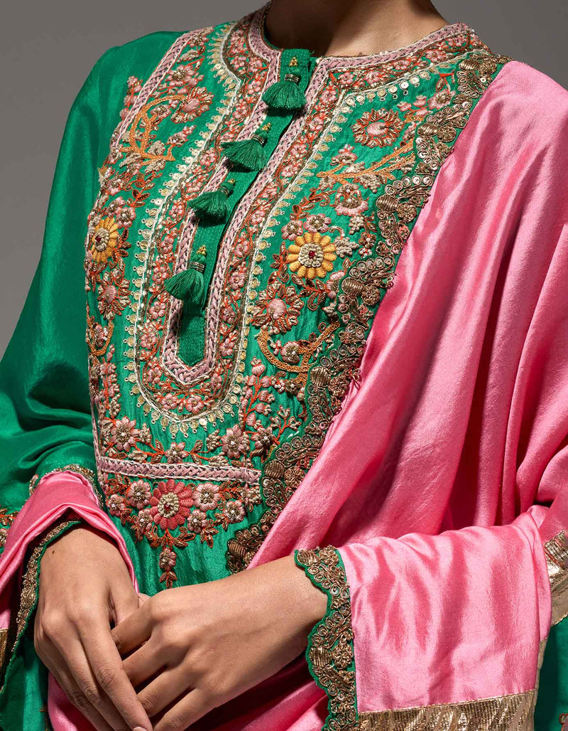 Green New Begum Kurta With Pleat Salwar And Dupatta