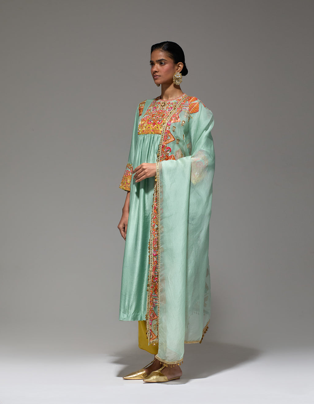 Sky Geometric Salim Gather Kurta Set