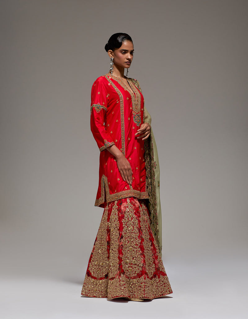 Red Pitta Sharara With Gujrati Kurta Set