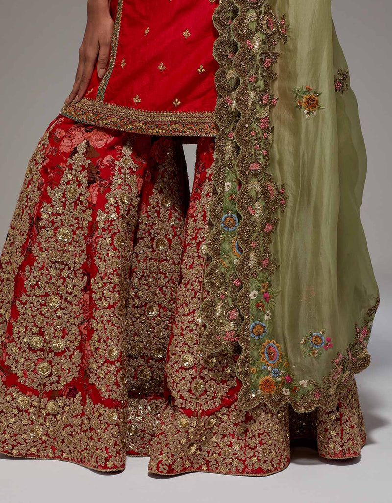 Red Pitta Sharara With Gujrati Kurta Set