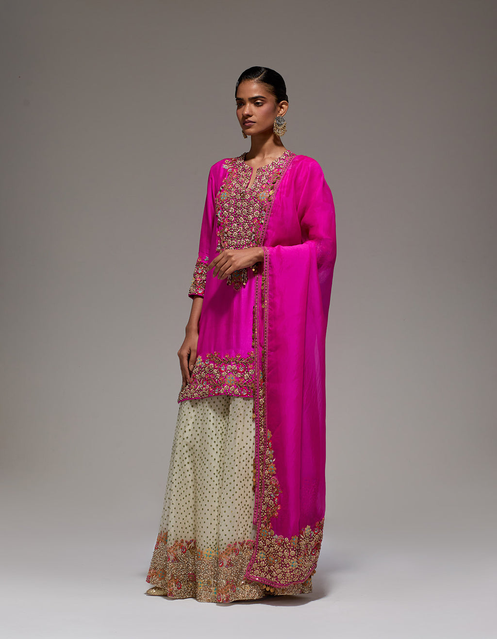 Magenta Short Habib Kurta With Tiki Tiki Farshi Set