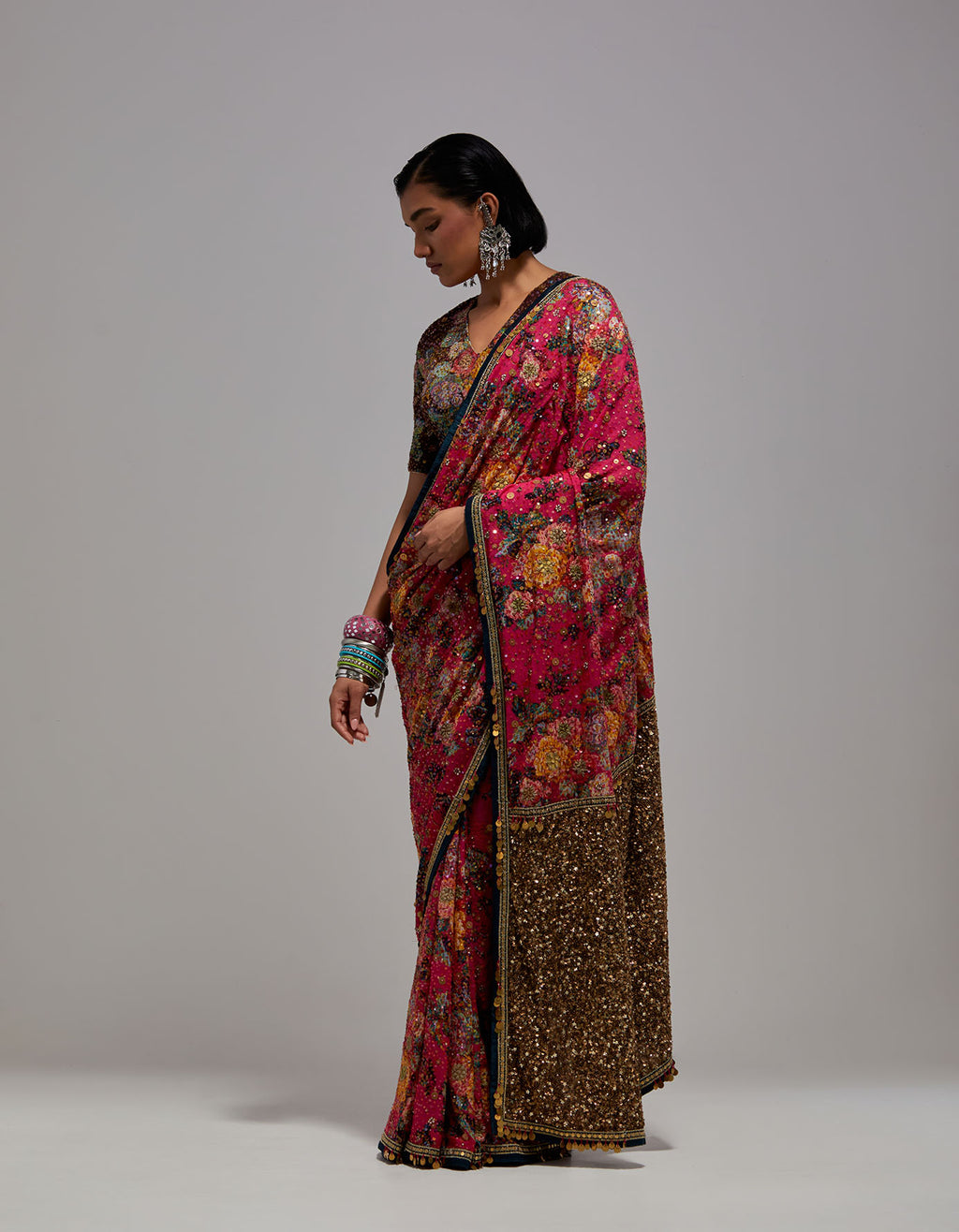 Shimmi Shimmi Floral Printed Rani Saree with Blouse