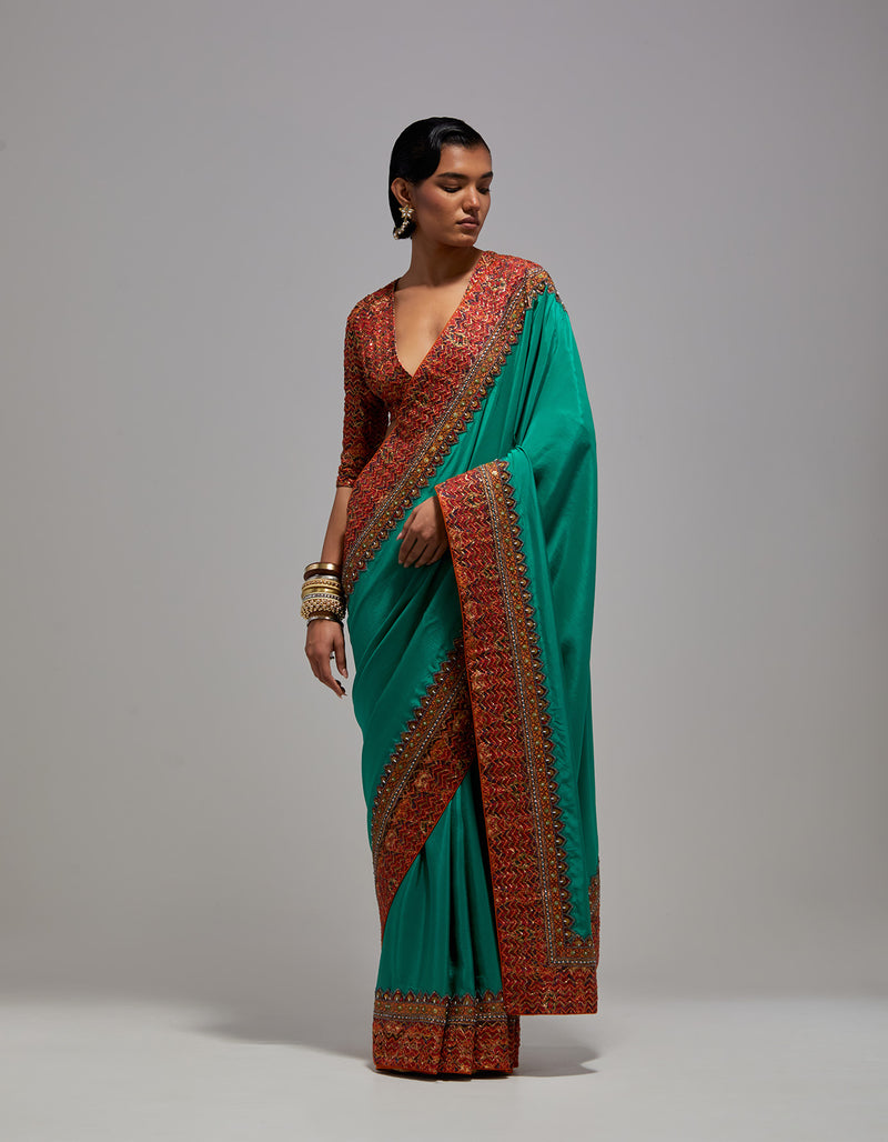 Ikkat Emerald Firoze Saree with Blouse