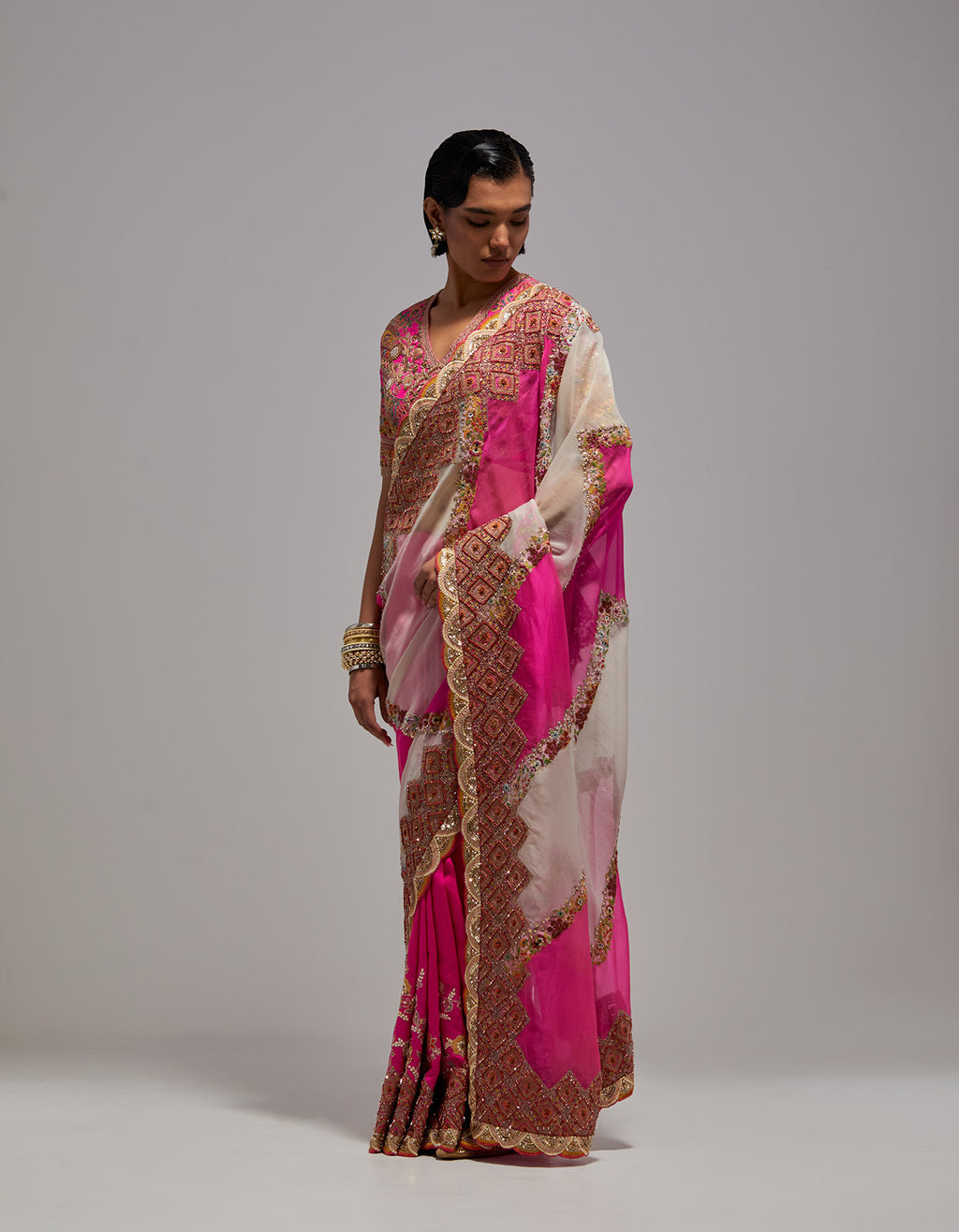 Satranj Ivory Fuchsia Pink Saree with Blouse