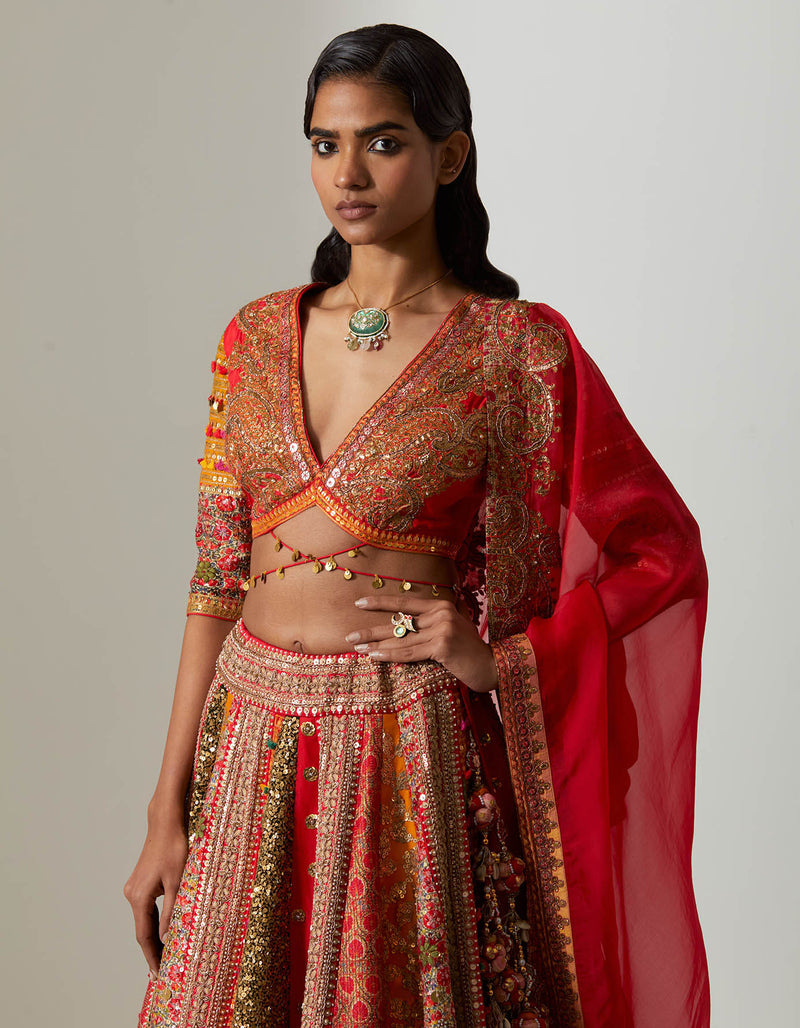 Red Multi 24 Kali Lehenga Set