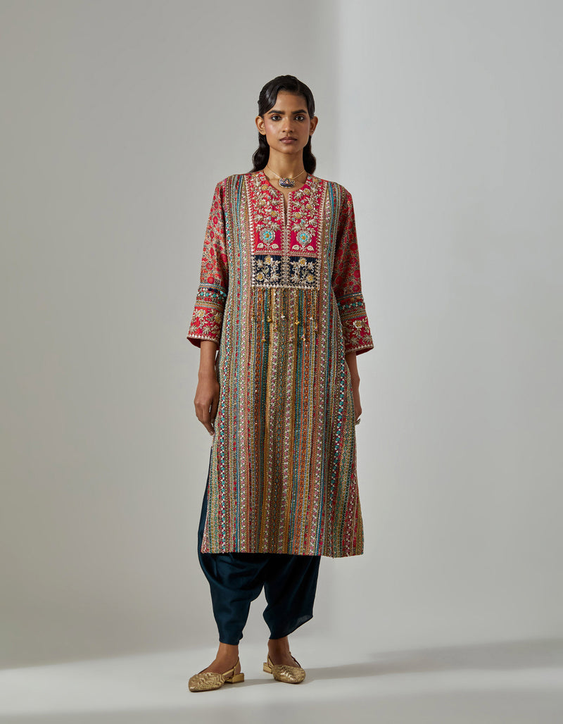 Red Multi Long Stripe Kurta Set