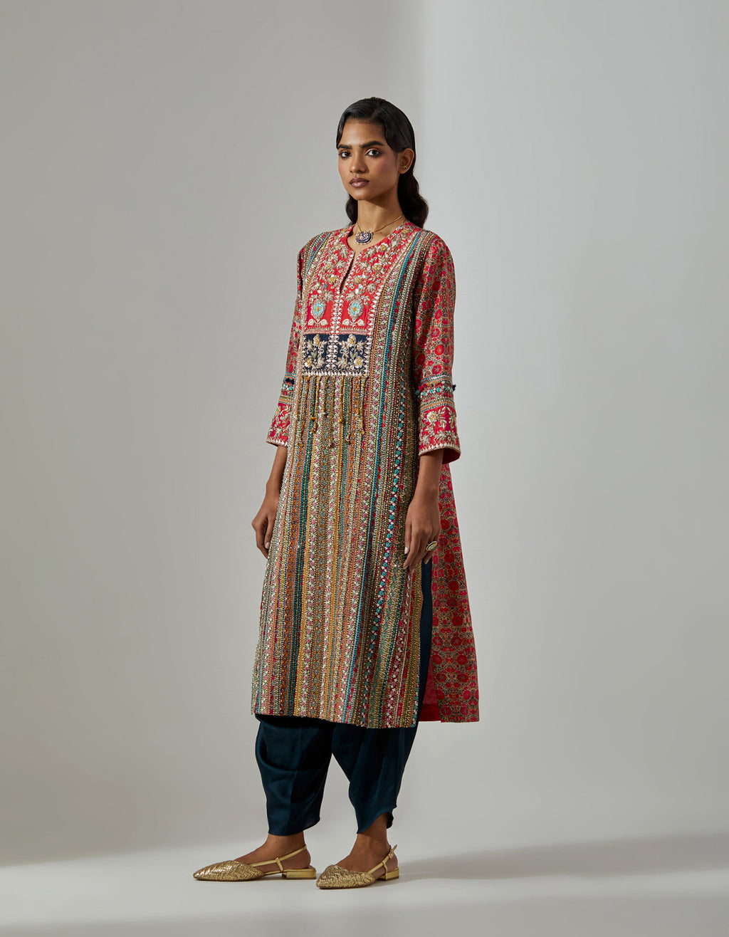 Red Multi Long Stripe Kurta Set