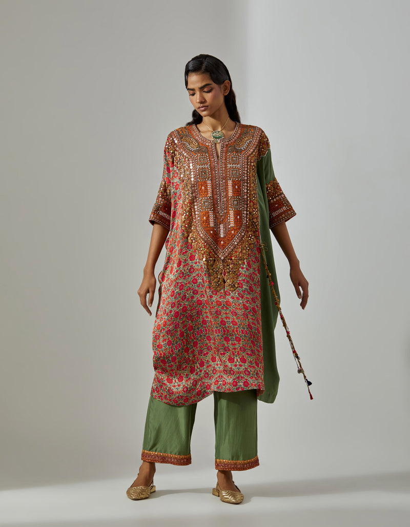 Red Sage Green Mehraab Kaftan Set