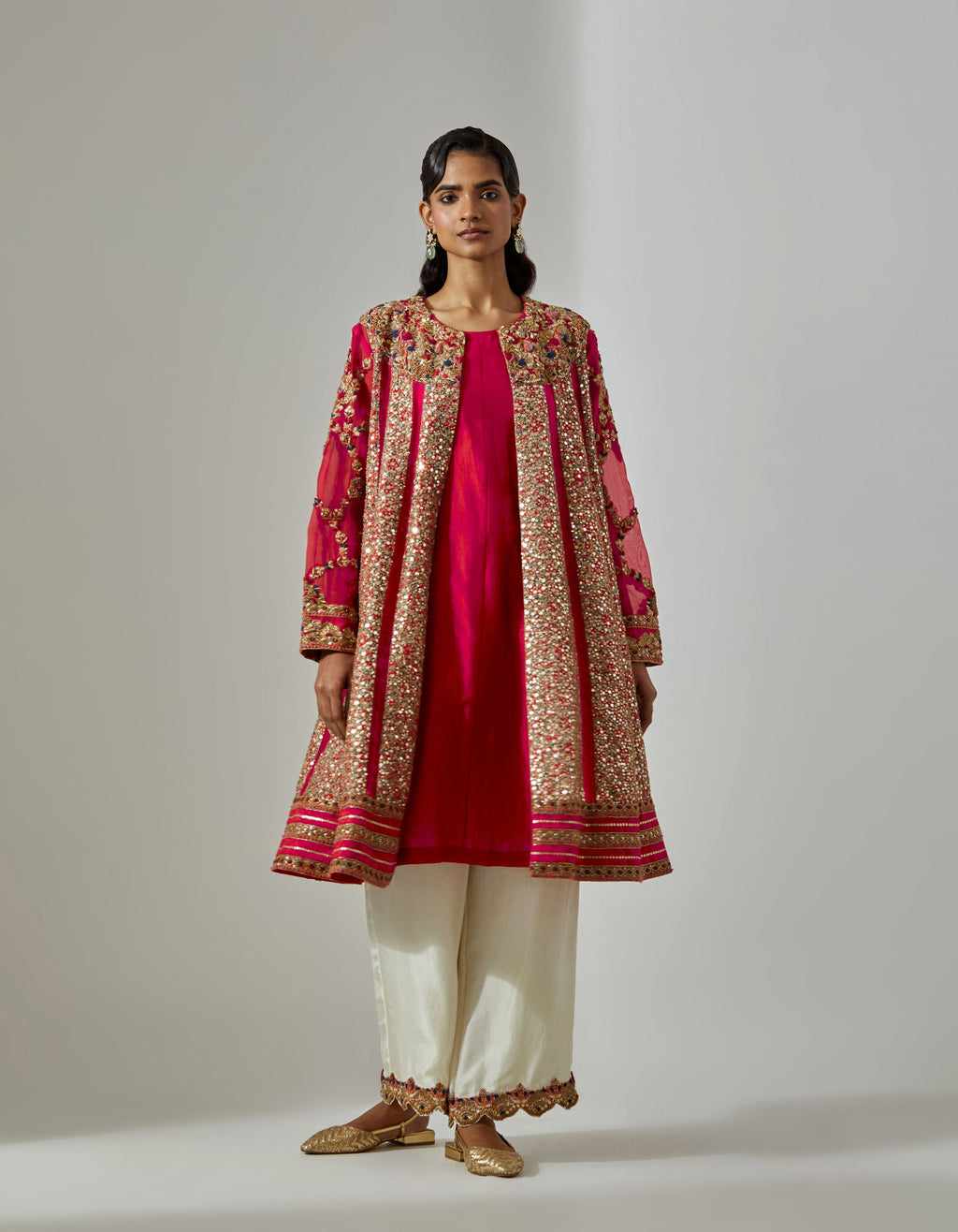 Red Multi Patra Jacket Set