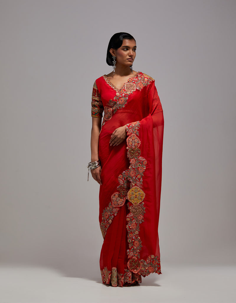 Mughal Red Cutwork Saree with Blouse