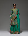 Green Heavy Paisly Emb. Sharara With Organza Polash Short Jactet Wit Dupatta