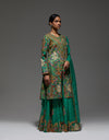 Green Heavy Paisly Emb. Sharara With Organza Polash Short Jactet Wit Dupatta