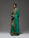 Green Heavy Paisly Emb. Sharara With Organza Polash Short Jactet Wit Dupatta