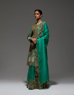 Green Heavy Paisly Emb. Sharara With Organza Polash Short Jactet Wit Dupatta