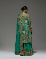 Green Heavy Paisly Emb. Sharara With Organza Polash Short Jactet Wit Dupatta