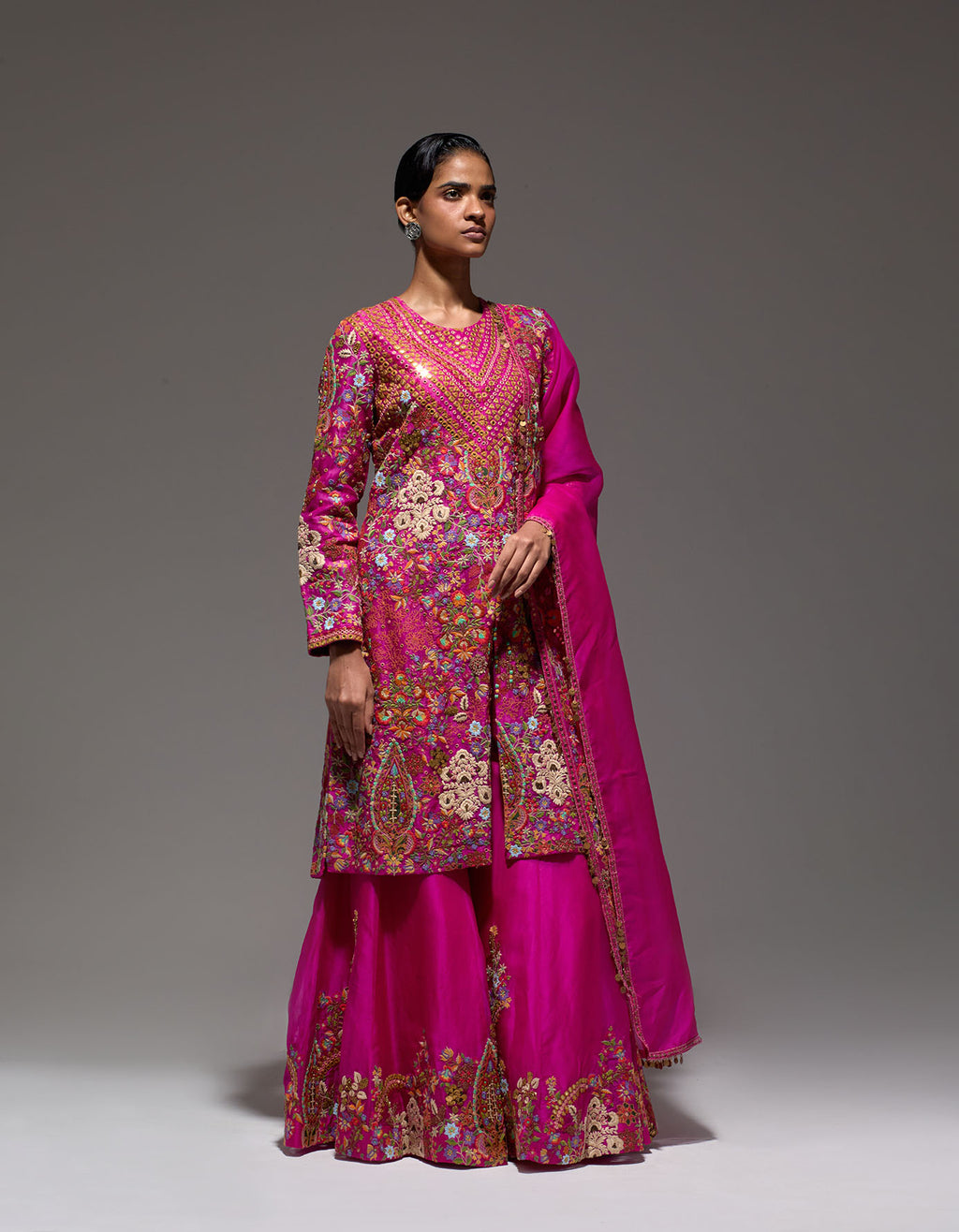 Magenta Heavy Paisly Emb. Sharara With Organza Polash Short Jactet Wit Dupatta