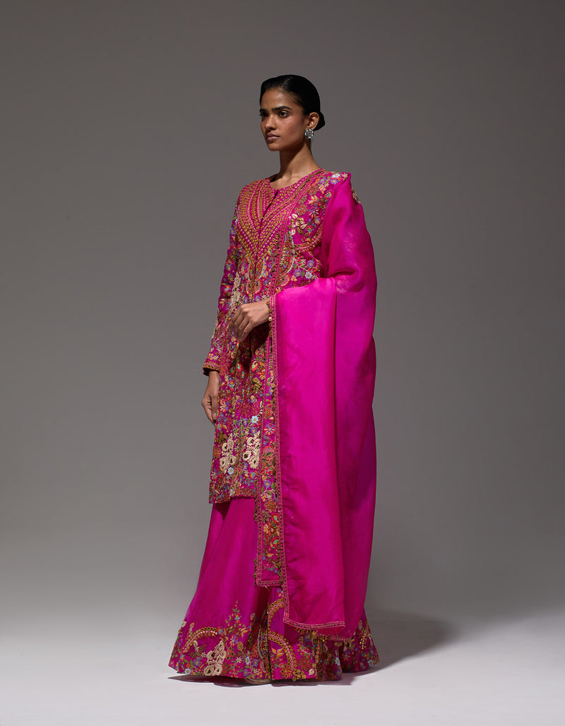 Magenta Heavy Paisly Emb. Sharara With Organza Polash Short Jactet Wit Dupatta