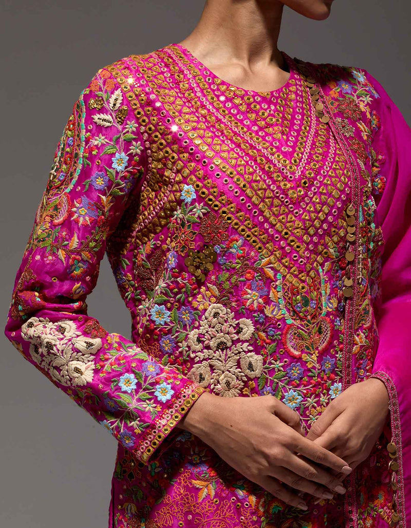 Magenta Heavy Paisly Emb. Sharara With Organza Polash Short Jactet Wit Dupatta