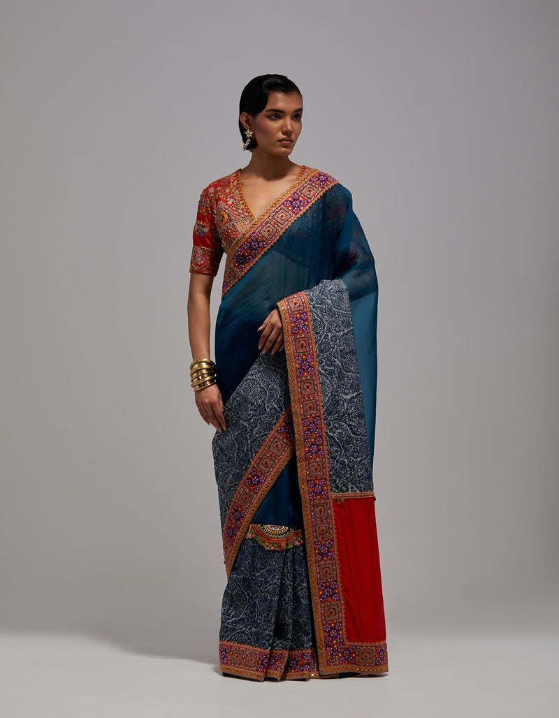 Blue Line Drawing Half & Half Saree with Blouse