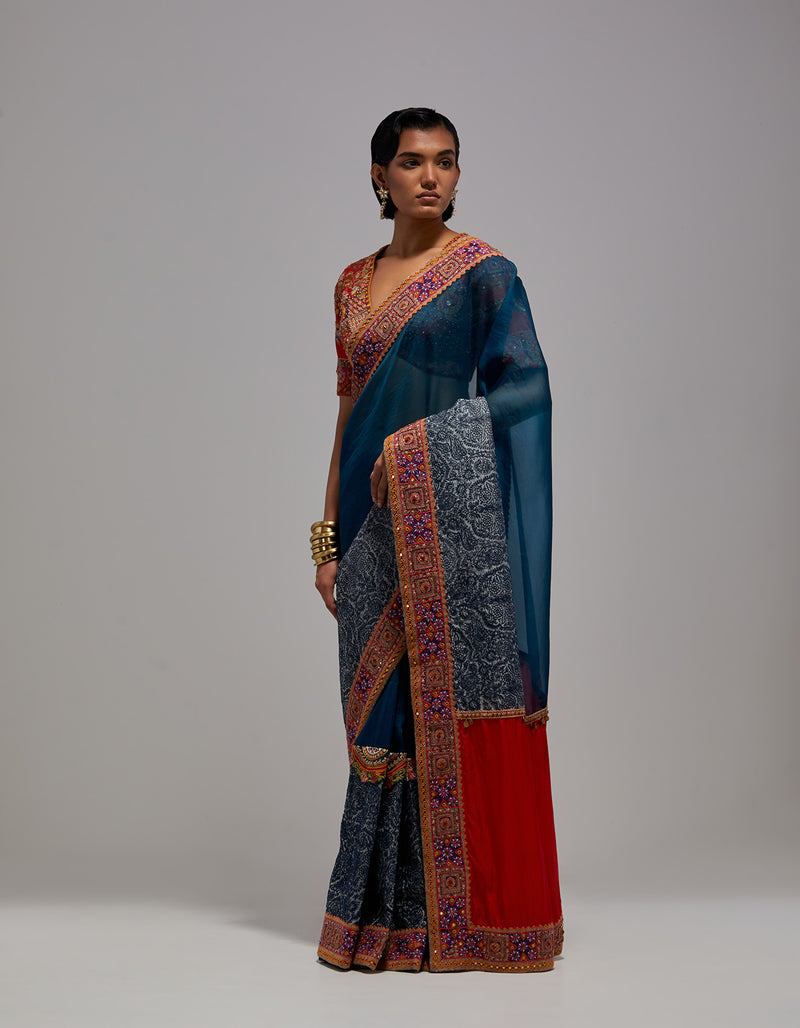 Blue Line Drawing Half & Half Saree with Blouse