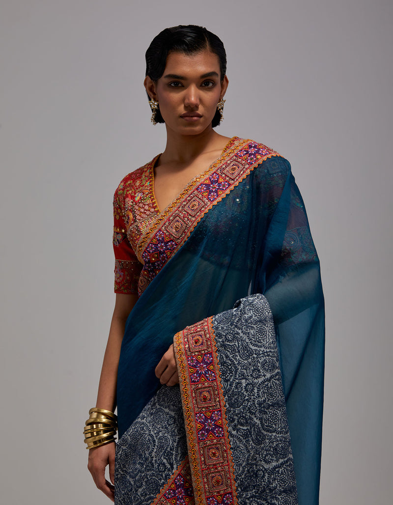 Blue Line Drawing Half & Half Saree with Blouse