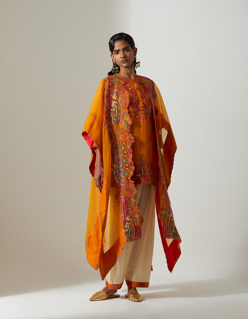 Burnt Orange Rocket Kurta & Pants with Dia Cape Set