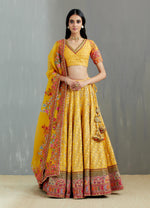 Mustard Brocade Jaal Lehenga with Gujrati Border ,Blouse & Organza Dupatta