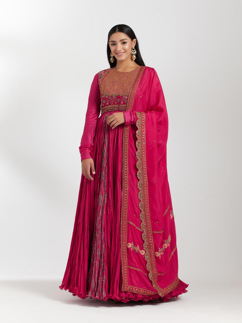 Magenta Chanderi Anarkali Set