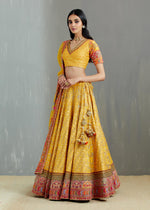 Mustard Brocade Jaal Lehenga with Gujrati Border ,Blouse & Organza Dupatta