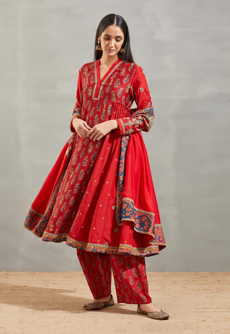 Red Buti Print Side Gather Kurta Set