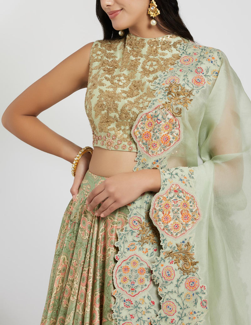 Pista Green Printed Lehenga Set