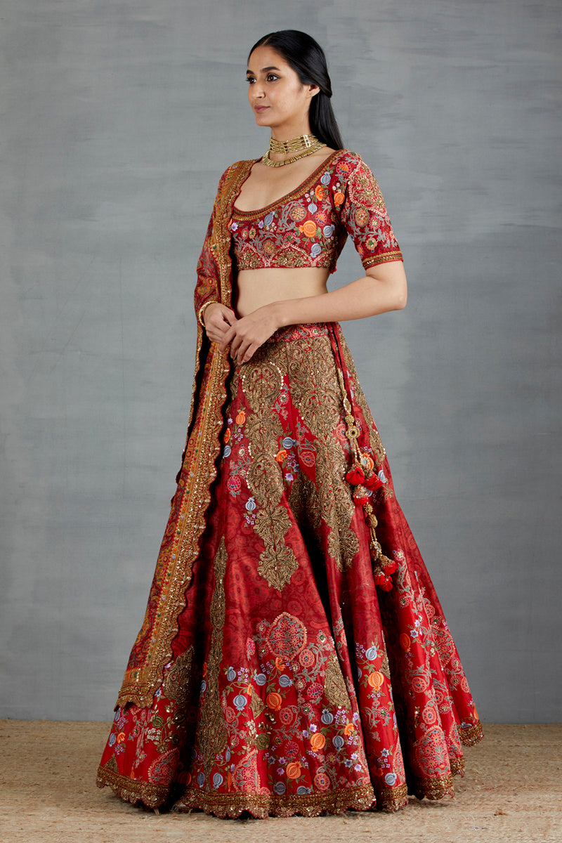 Red Mughal Printed Lehenga In Silk Chanderi