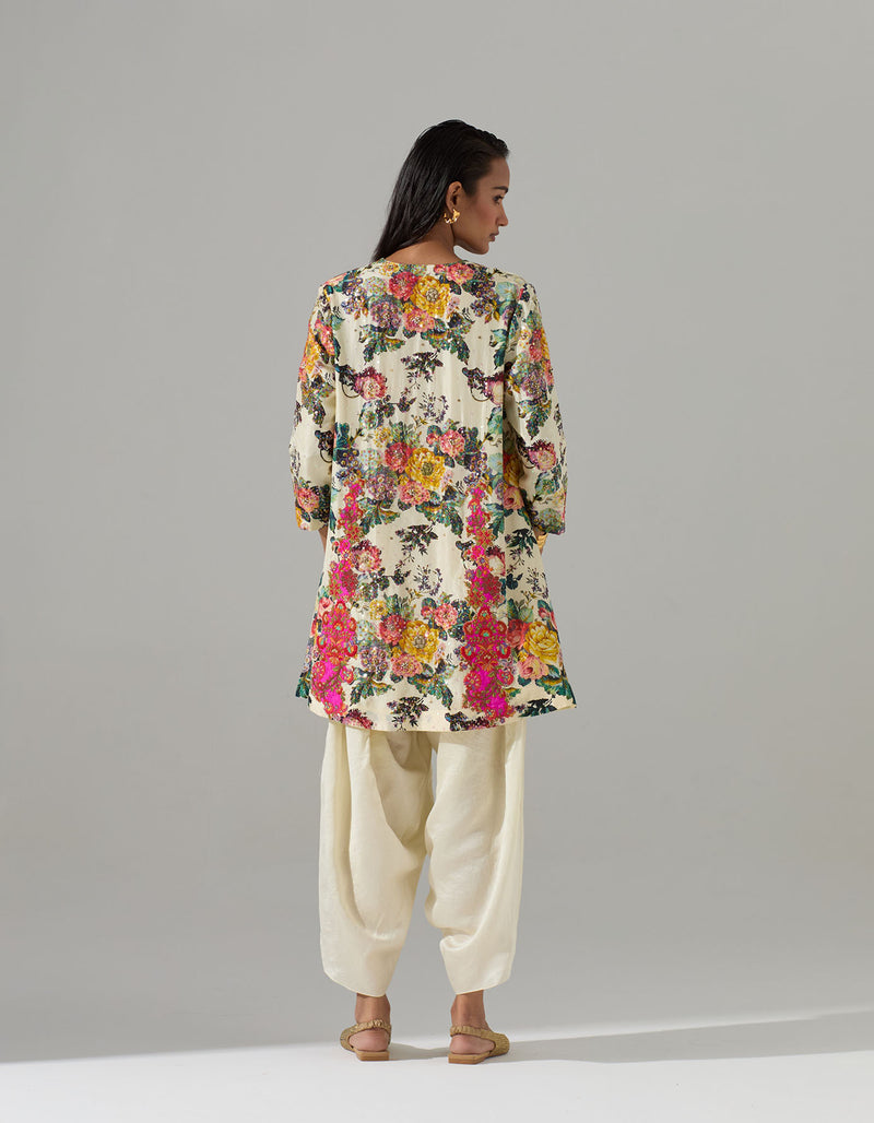 Ivory Printed Short Kurta with Dhoti Pants