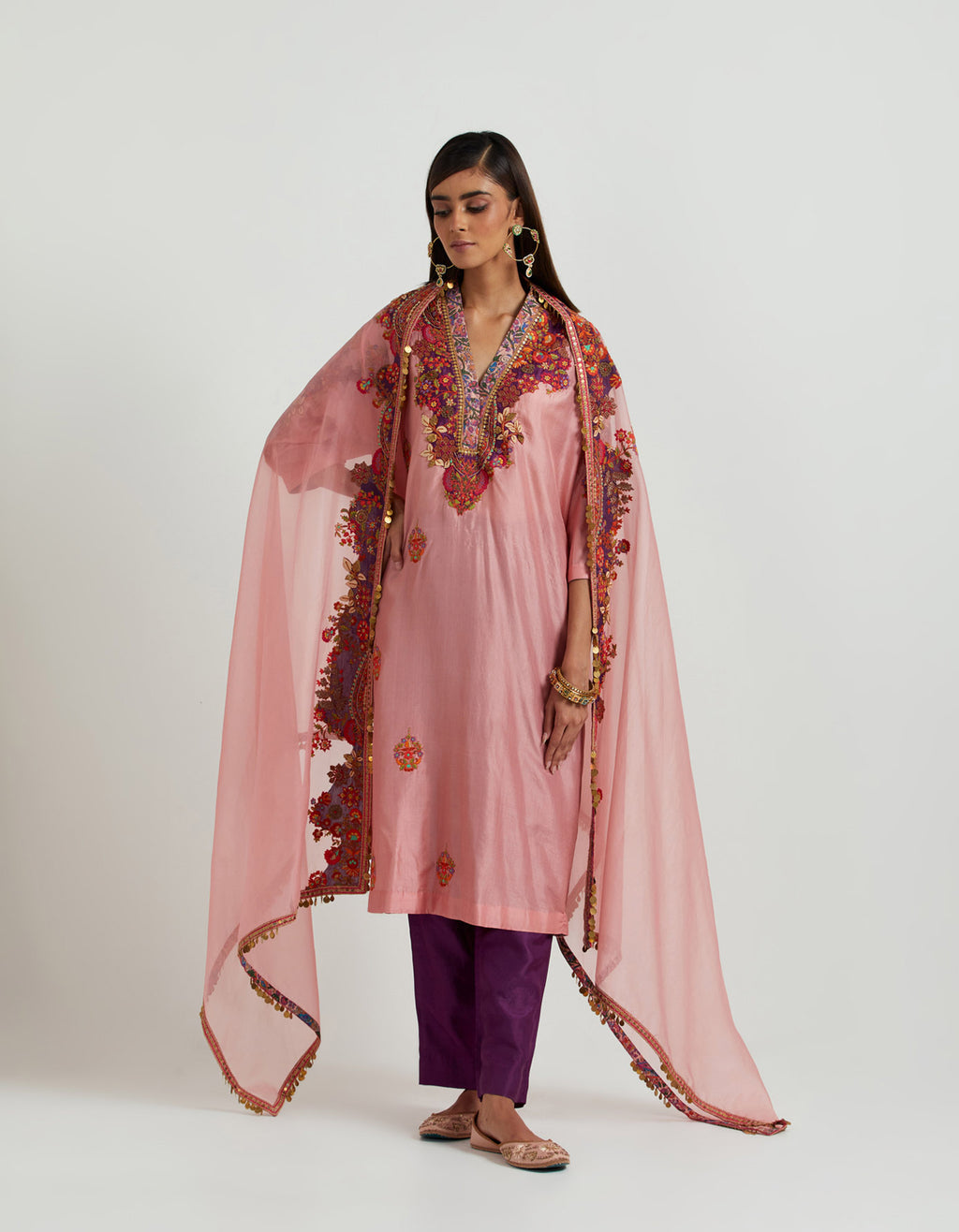 Candy Pink Kaftani Embroidered Kurta Set