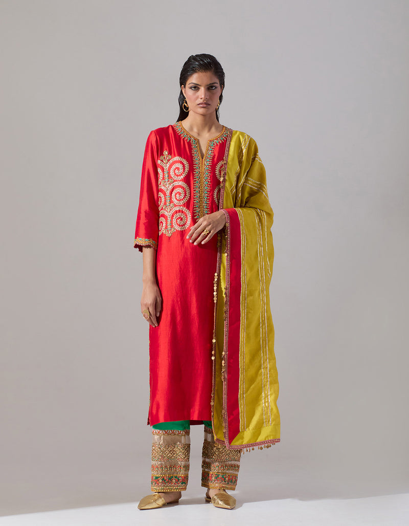 Red Kurta Set with Printed Pants