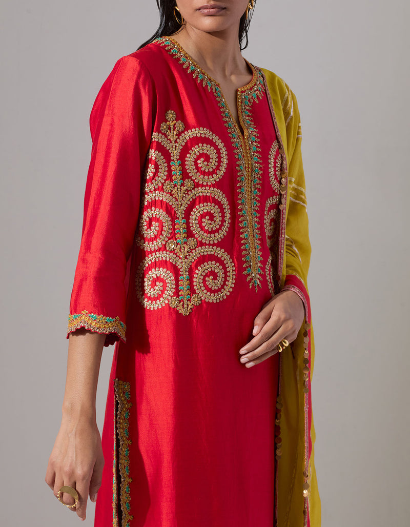 Red Kurta Set with Printed Pants